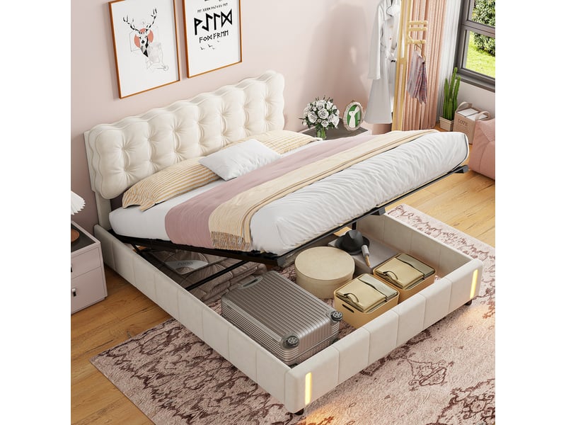 Lit rembourré 140 x 190 cm avec éclairage led, lit double à réglage hydraulique avec sommier à lattes et espace de rangement, velours, beige 250512HXF0101#ADhfdHW3W7DELLM - Conforama D