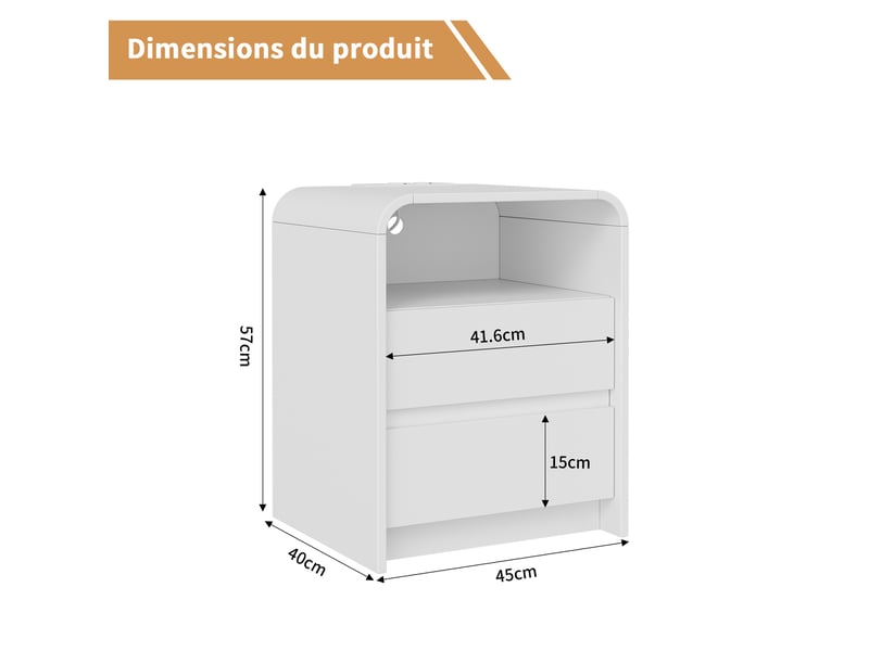 Lot de 2 tables de chevet 45 x 40 x 57 cm - avec éclairage led connecté et station de charge integrée – mdf – blanc - Conforama C