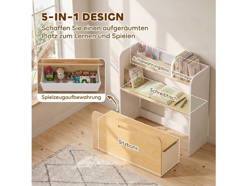  Ensemble bureau enfant 5-en-1 80x29x80 cm blanc en mdf, banc roulant et rangement pour 3 à 8 ans  - Conforama E