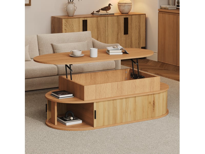  Table basse ovale relevable 100x50x40 cm avec rangement coloris bois clair  - Conforama D