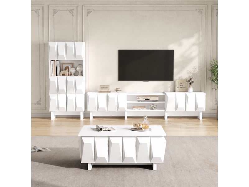  Ensemble meuble tv et table basse 3 pièces blanc, façades 3d, meuble tv 180 cm  - Conforama E