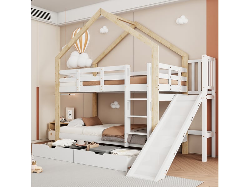  Lit superposé maison, 90x200 cm, 2 tiroirs, lit enfant avec toboggan, matelas non inclus, mdf, coloris blanc et naturel  - Conforama D