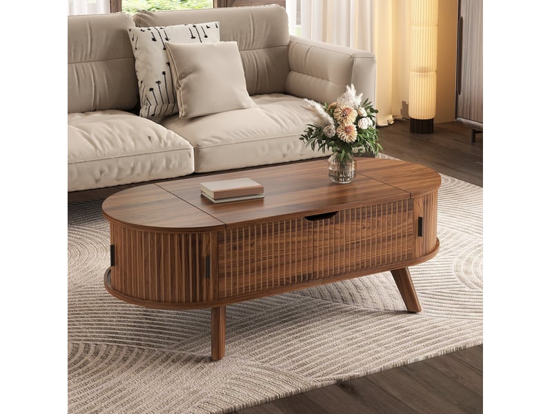  Table basse ovale relevable avec rangement caché et 2 portes coulissantes, finition noyer en mdf 110 × 50 × 53,5 cm  - Conforama B