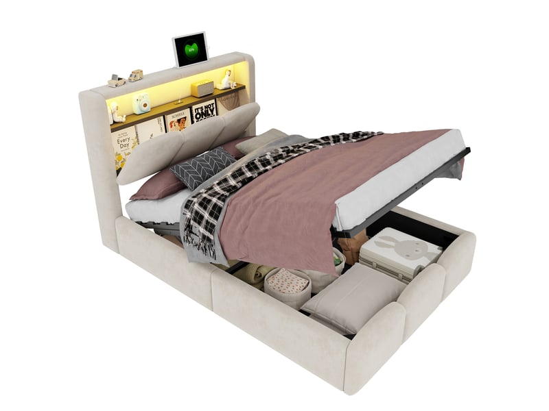  Lit coffre enfant, 90x200 cm, tête de lit avec rangement, led, usb, type c, matelas non inclus, velours, coloris beige  - Conforama A
