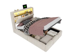 Lit avec rangement 90x200 cm <strong>HAVRYA</strong>  <strong></strong> coloris beige