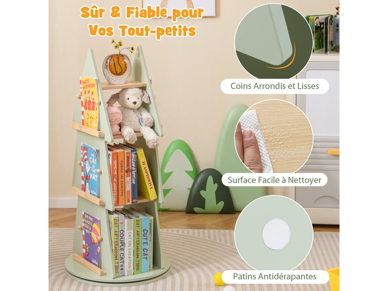 Bibliothèque rotative en forme d'arbre, bibliothèque enfant avec coins arrondis, surface lisse, base antidérapante, etagère enfant à 4 niveaux - Conforama D