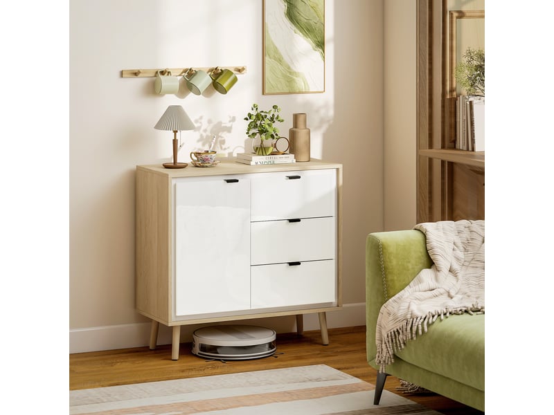  Buffet moderne avec porte, 3 tiroirs et étagère réglable pour salle à manger et entrée, 80 x 35 x 77 cm, blanc et chêne  - Conforama C