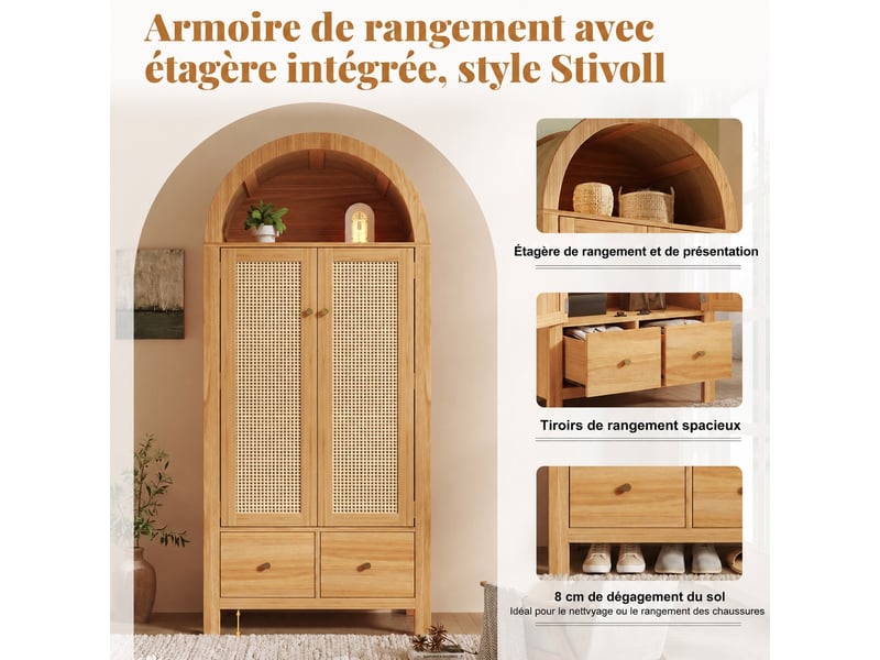 Armoire penderie avec cannage en rotin, effet chêne, 2 tiroirs, 78 x 45 x 181 cm - Conforama E