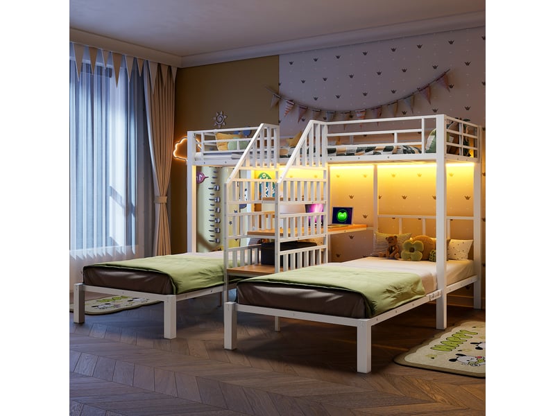  Lit superposé 90x200 cm avec bande lumineuse led et bureau, 3 couchages, lit enfant 2 ports usb + 1 prise électrique, blanc  - Conforama A