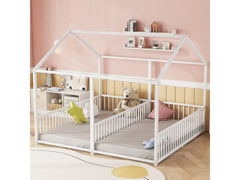  Lit superposé enfant 2 places 90×200 cm avec barrières et échelle  - sans matelas, métal - blanc  - Conforama C