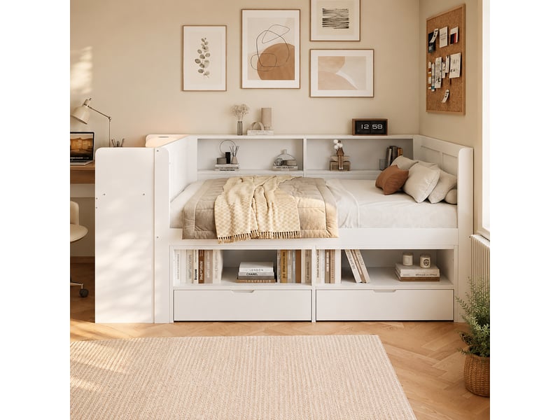  Lit combiné 120 x 200 cm en bois avec bureau intégré, armoire, 2 tiroirs, niches et contour de lit, blanc ABC - Conforama B