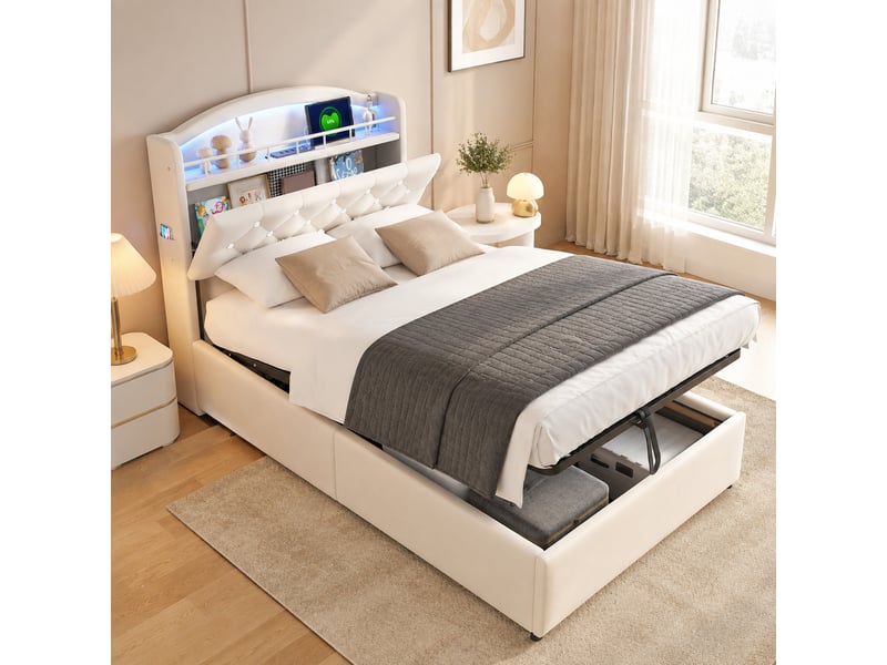  Lit enfant coffre 90x200 cm avec led, usb et usb-c en tissu beige  - Conforama C