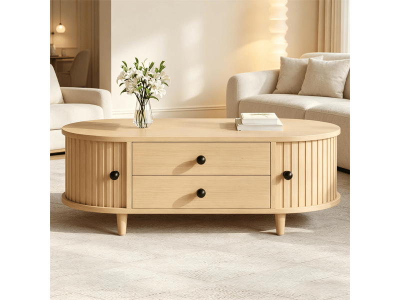 Table basse bois clair avec portes coulissantes et 2 tiroirs, pieds en bois massif, 100x50x36 cm - Conforama D