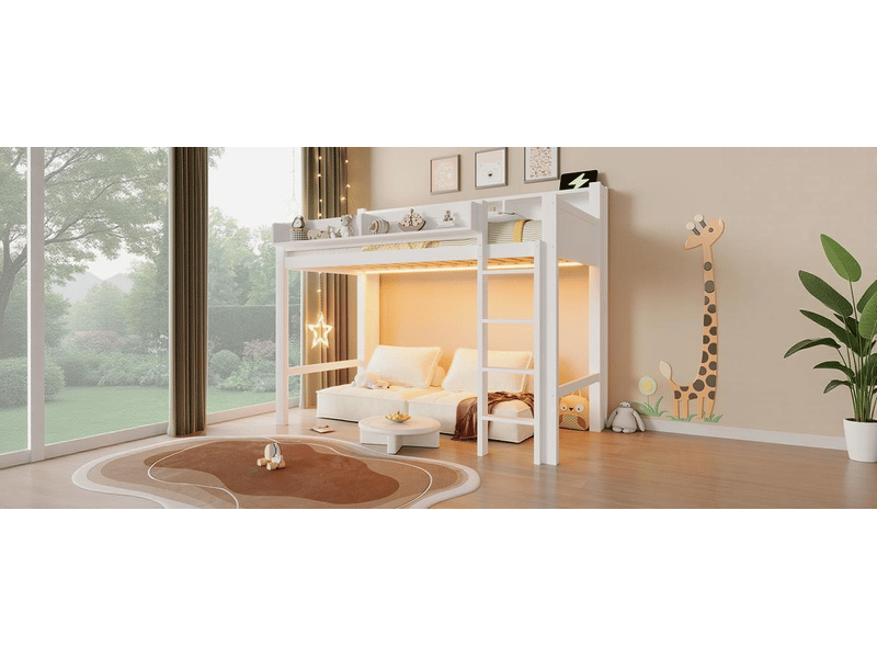  Lit mezzanine 90 × 200 cm, étagères, led et prises usb, blanc  - Conforama B