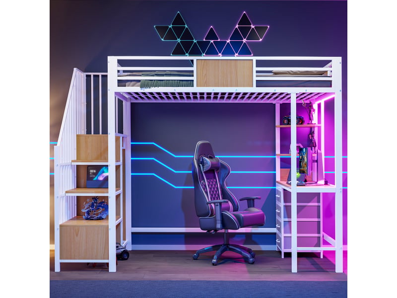  Lit mezzanine 90*200 en métal avec bureau, étagères, penderie, led et prise, blanc pour petit espace  - Conforama E