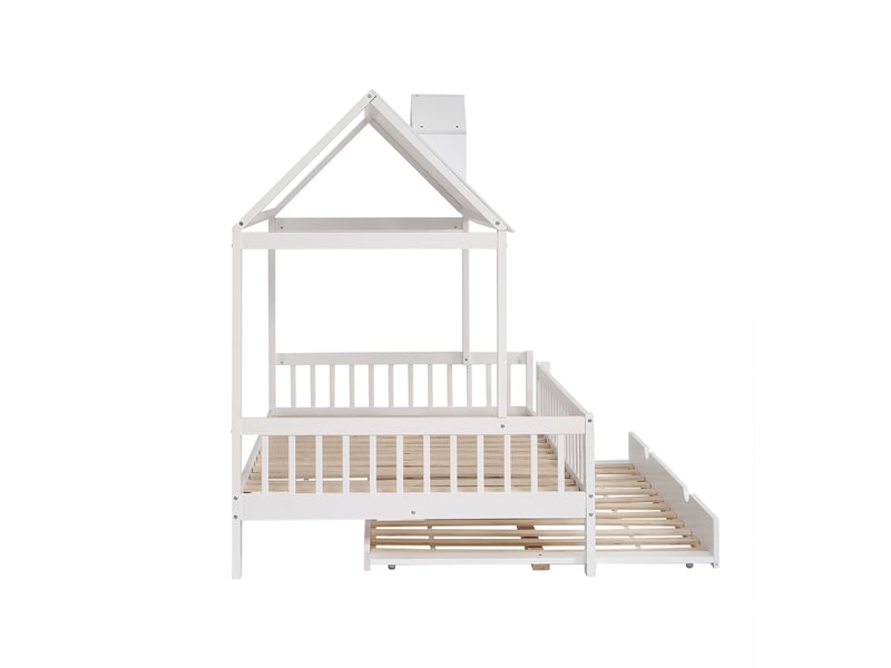  Lit cabane 120x200 cm blanc – toit et cheminée décorative, bois massif et mdf sécurisés  - Conforama D