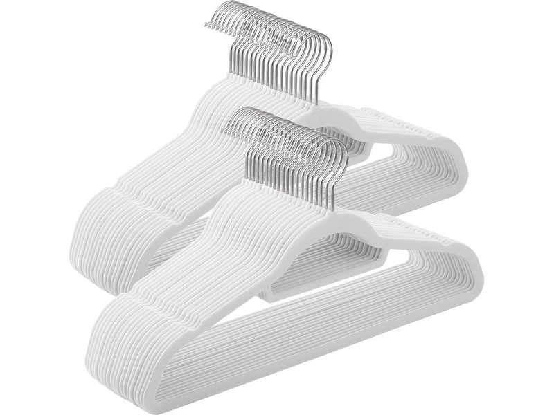  Cintre velours, lot de 50, antiglisse, avec barre, crochet pivotant à 360°, épaisseur 0,6 cm, gain de place, longueur 43,5 cm, pour manteau, robe, pantalon, blanc et argent  - Conforama A
