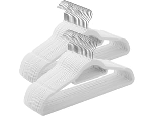 Cintre velours, lot de 50, antiglisse, avec barre, crochet pivotant à 360°, épaisseur 0,6 cm, gain de place, longueur 43,5 cm, pour manteau, robe, pantalon, blanc et argent