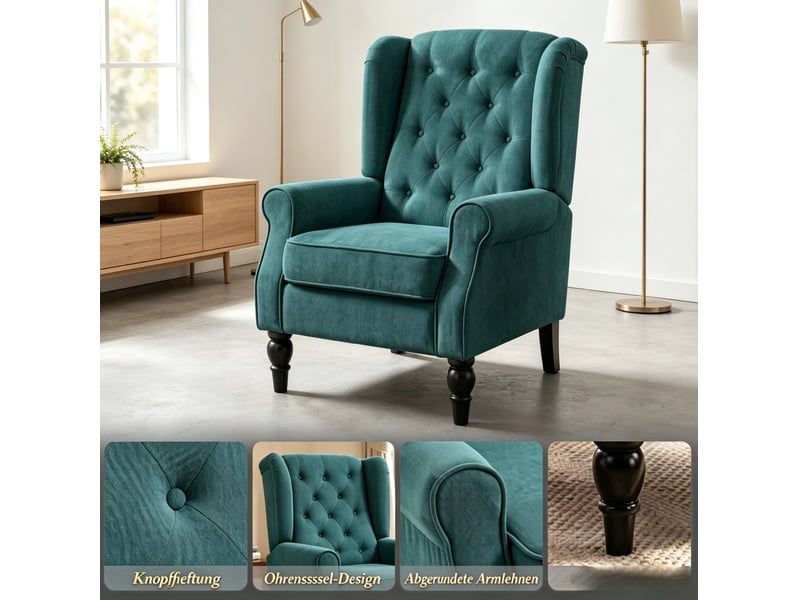 Fauteuil à oreilles capitonné avec assise rembourrée et dossier haut, pieds en bois, tissu vert foncé - Conforama C