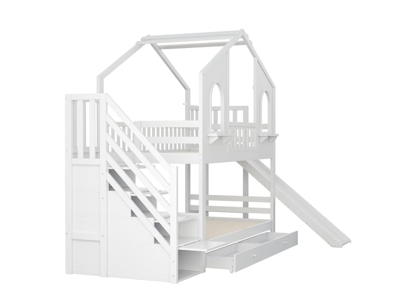 Lit superposé enfant 90x200 cm avec toboggan et escalier de rangement bois blanc sans matelas - Conforama E