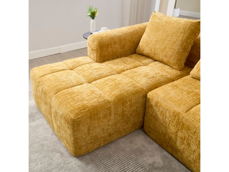  Canapé d'angle moderne 3 places en chenille jaune–méridienne, accoudoirs, 3 coussins, poche télécommande–sans montage  - Conforama D