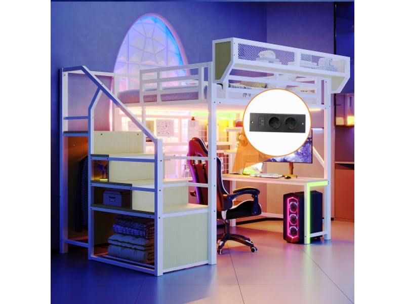  Lit de mezzanine métallique 140x200 cm avec bureau, étagère et filet de rangement, échelle sécurisée, éclairage led et prise, garde-corps surélevé, blanc ABC - Conforama E