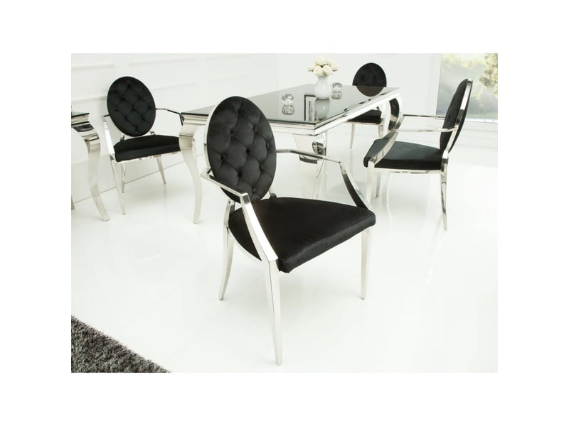  Chaise baroque velena en velours noir capitonné avec accoudoirs et structure argentée  - Conforama D