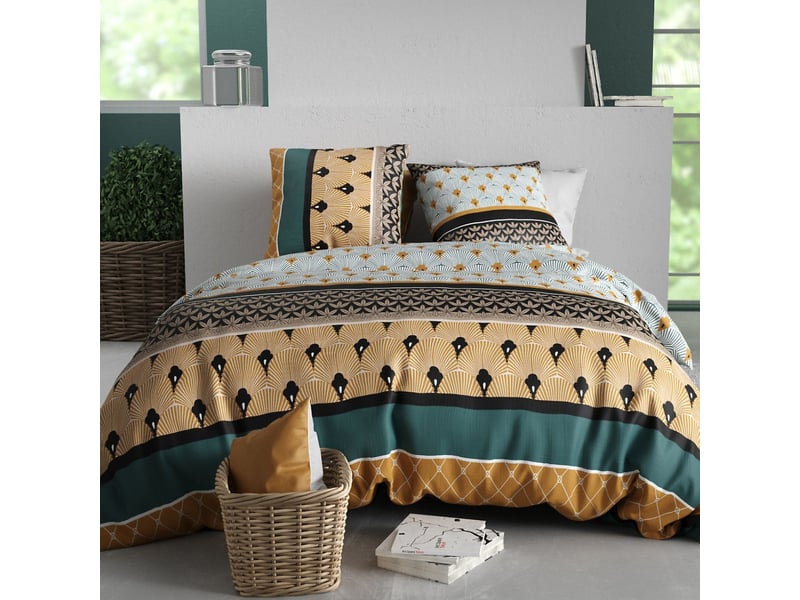  Parure housse de couette 260x240cm + 2 taies motif art-déco noir vert et jaune 100% coton - peio PEIO - Conforama A