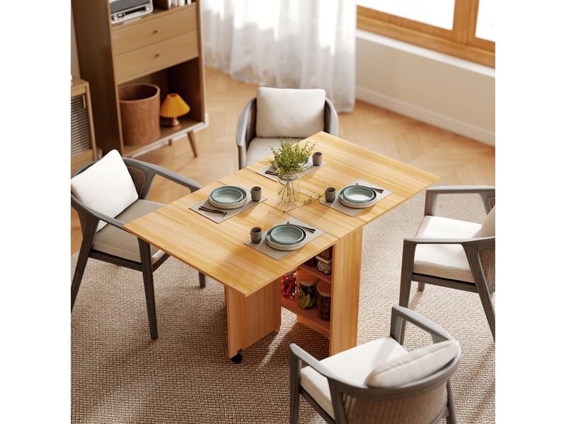 Table pliante de cuisine salle à manger amovible sur roulettes 80l x 140l x 74h cm 2 étagères intégrées en bois coloris bois naturel  - Conforama D