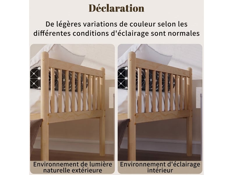  Lit banquette en pin 90x200 cm avec barrières sur 3 côtés - sommier à lattes inclus couleur bois naturel  - Conforama E