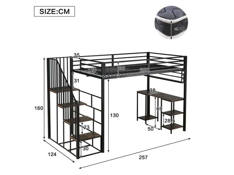 Lit mezzanine 120x200cm, escalier à rampes, bureau, étagères rangement, métal et bois, noir+noyer foncé, sans matelas - Conforama D
