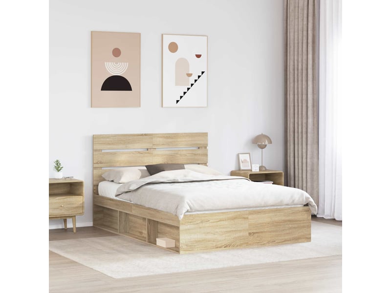  Lit double- lit adulte -  cadre de lit chêne sonoma 150 x 200 cm bois de pin massif  - Conforama B