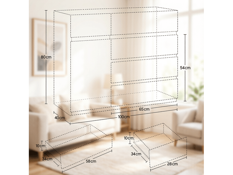  Commode de rangement avec 5 tiroirs, placard et étagère réglable pour chambre ou cuisine, blanche, 100 × 40 × 80 cm  - Conforama E