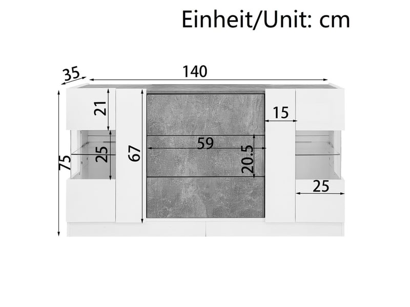 Buffet à 2 portes et 3 tiroirs, 140 x 35 x 75 cm, armoire de cuisine avec éclairage led - Conforama C