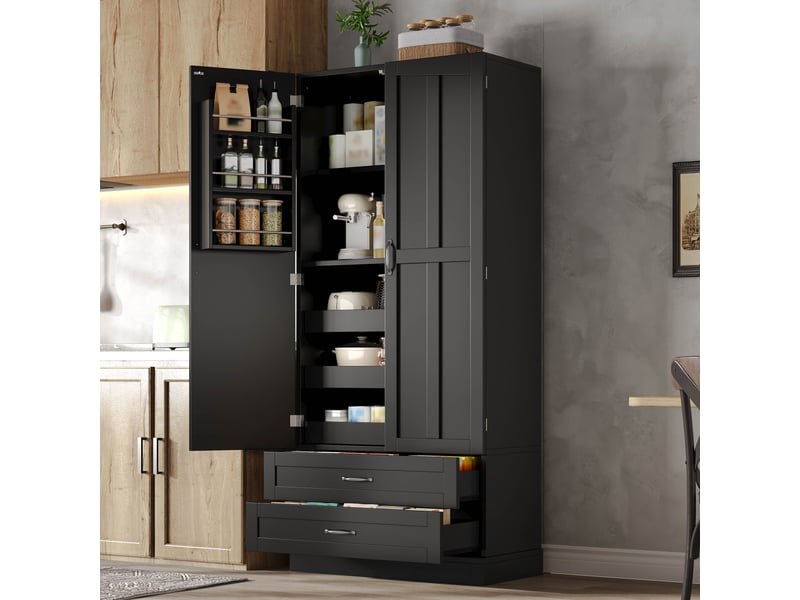  Buffet de cuisine noir 180x80x37,5 cm, meuble haut en mdf avec 2 tiroirs intégrés et étagères coulissantes pour rangement cuisine  - Conforama R
