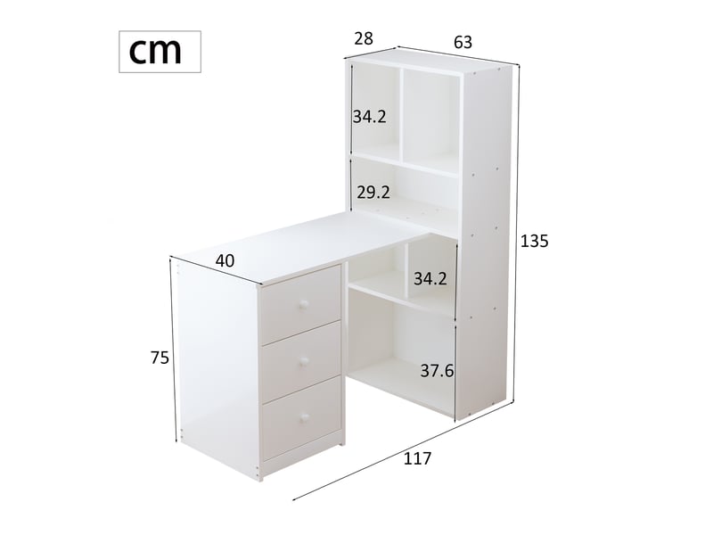  Bureau d'angle multifonction 117 × 63 × 135 cm blanc avec 4 compartiments, 3 tiroirs et bibliothèque intégrée  - Conforama B