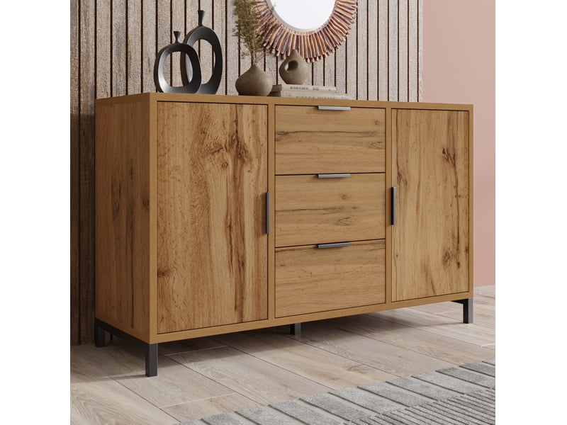  Commode 2 portes et 3 tiroirs 120x40x76 cm avec étagère réglable chêne foncé  - Conforama C
