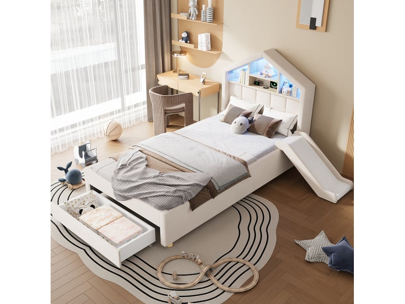 Lit cabane enfant 90x200 cm en velours beige avec toboggan et rangement - Conforama B