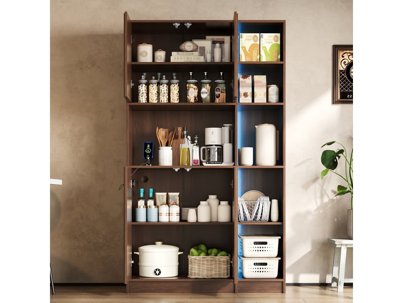  Buffet de cuisine haut avec 2 portes, niches ouvertes, led et prises, pour cuisine et séjour, mdf noyer, 105 × 40 × 180 cm  - Conforama D