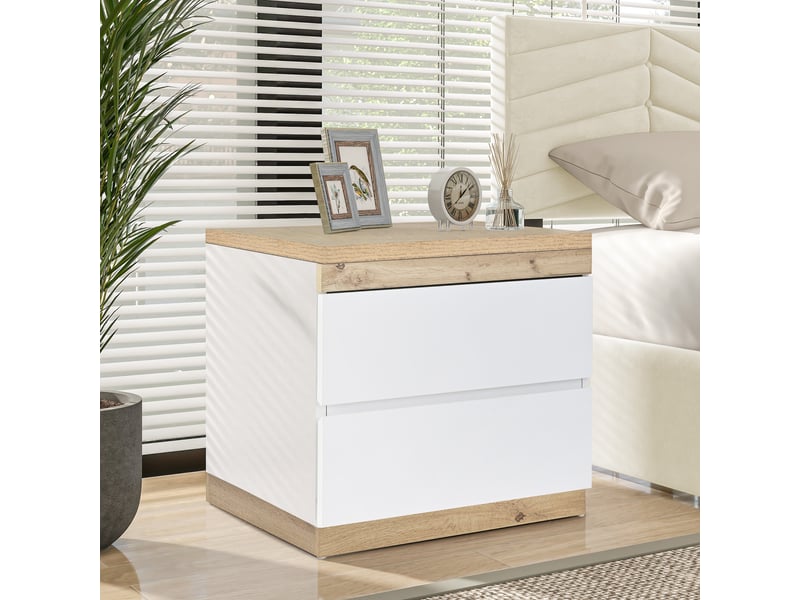  Table de chevet avec 2 tiroirs de rangement pour chambre en panneaux de particules blanc et chêne  - Conforama B
