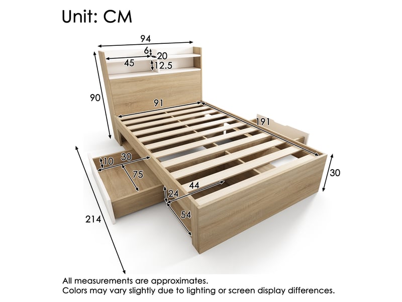  Lit enfant avec rangements 90x190 cm, tête de lit à étagères, 2 tiroirs sur roulettes, niches ouvertes, sommier à lattes, blanc et décor chêne  - Conforama C