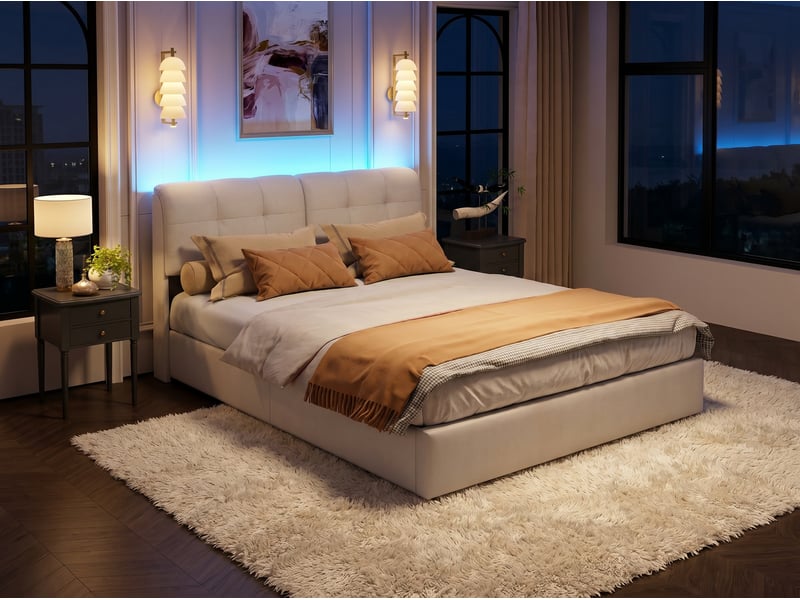  Lit coffre 140x190, double adulte noir avec tête de lit capitonnée – grand rangement sous le lit-sommier à lattes en bois  - Conforama D