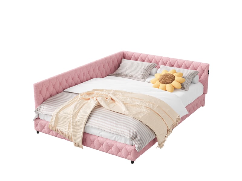  Lit 140x200 cm avec led et usb,canapé lit d'angle, lit fille 140x200 ,lit adulte avec sommier à lattes, teddy velvet,rose  - Conforama A