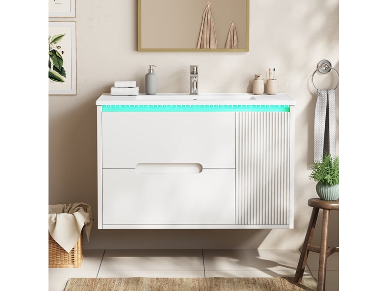  Meuble sous vasque mural avec 2 tiroirs, 1 porte, led et vasque en céramique pour salle de bain blanc 81 × 47 × 51 cm  - Conforama D