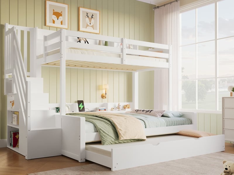  Lit superposé multifonction en bois massif, 90x200 cm + 140x200 cm, avec lit gigogne, port usb et rangements intégrés, blanc  - Conforama B