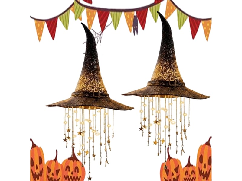 Pack de 2 décoration halloween suspendue, chapeau de sorcière lumineux led avec étoiles et carillon à vent pour porche, jardin et terrasse - Conforama A