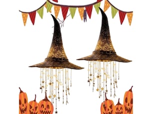 Pack de 2 décoration halloween suspendue, chapeau de sorcière lumineux led avec étoiles et carillon à vent pour porche, jardin et terrasse