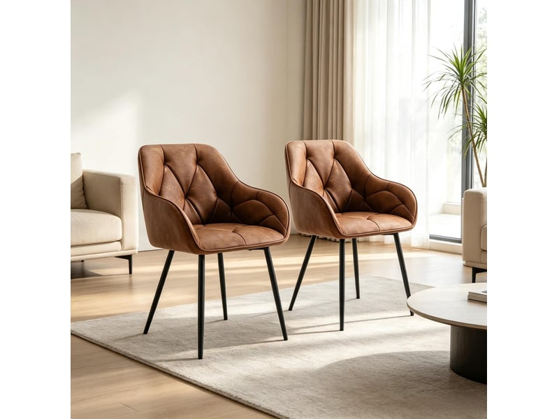  Lot de 2 chaises de salle à manger avec accoudoirs en similicuir marron, métal  - Conforama D