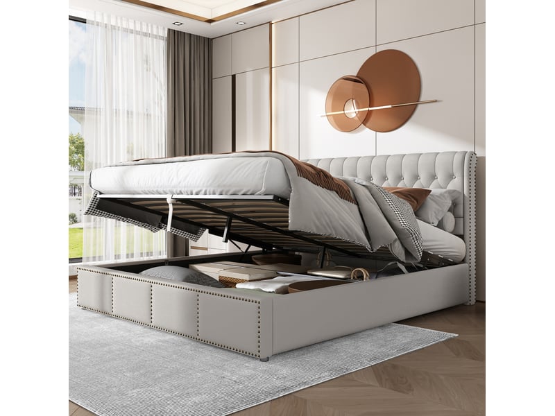  Lit coffre 180 x 200 cm en coton-lin avec sommier à lattes, sans matelas, gris clair  - Conforama C