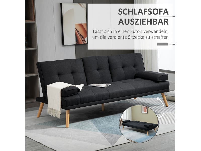  Canapé convertible 3 places gris avec table pliante et porte-gobelets, aspect lin  - Conforama C